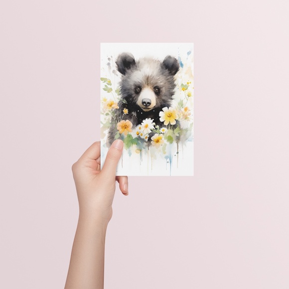 Watercolor Floral Black Bear Portrait Wall Art Illustration Print Unframed - Picture 5 of 5